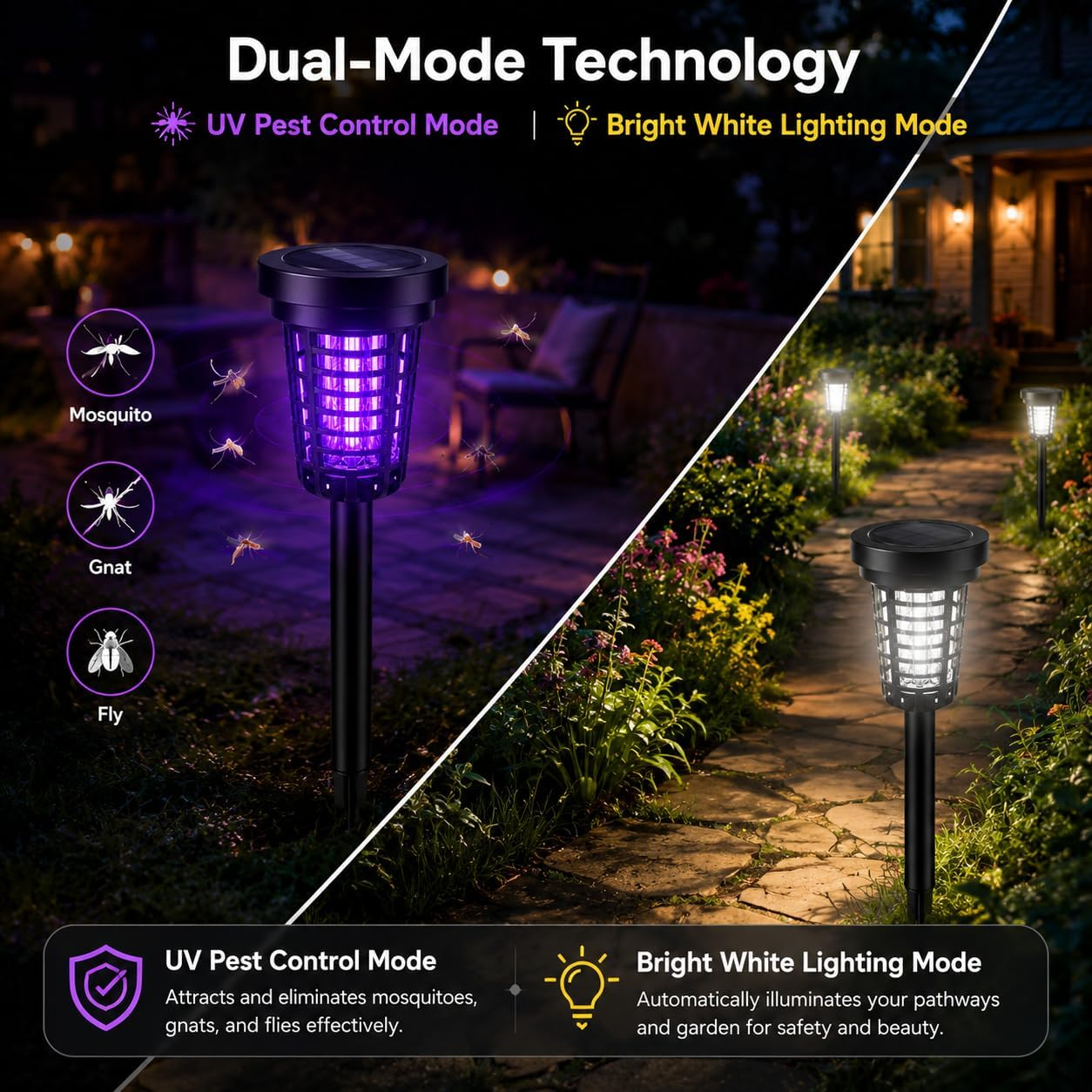 Dual-mode solar bug zapper — UV pest mode and white pathway light mode