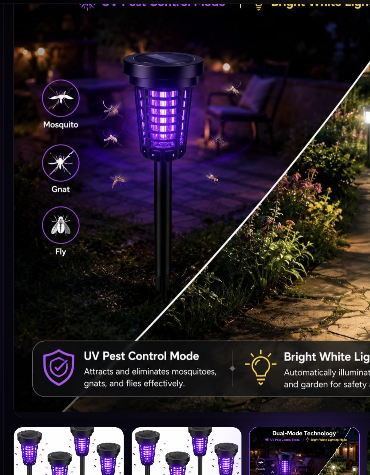 Solar bug zapper showing UV pest control mode and bright white lighting mode